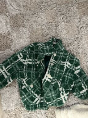 Zara Green and White Plaid Faux Fur Pea Coat